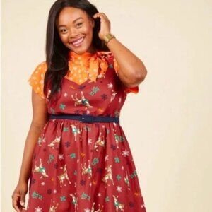 So Fun! Modcloth Cheerful Caroling Holiday Deer Print Dress size 3X Like New!